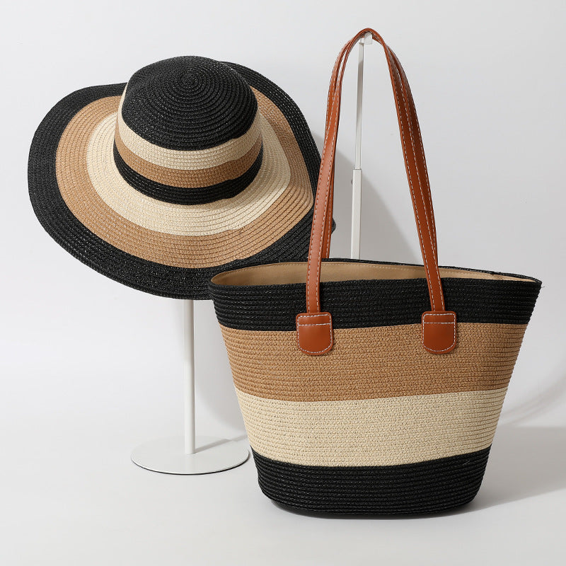 Striped Woven Straw Beachy Set