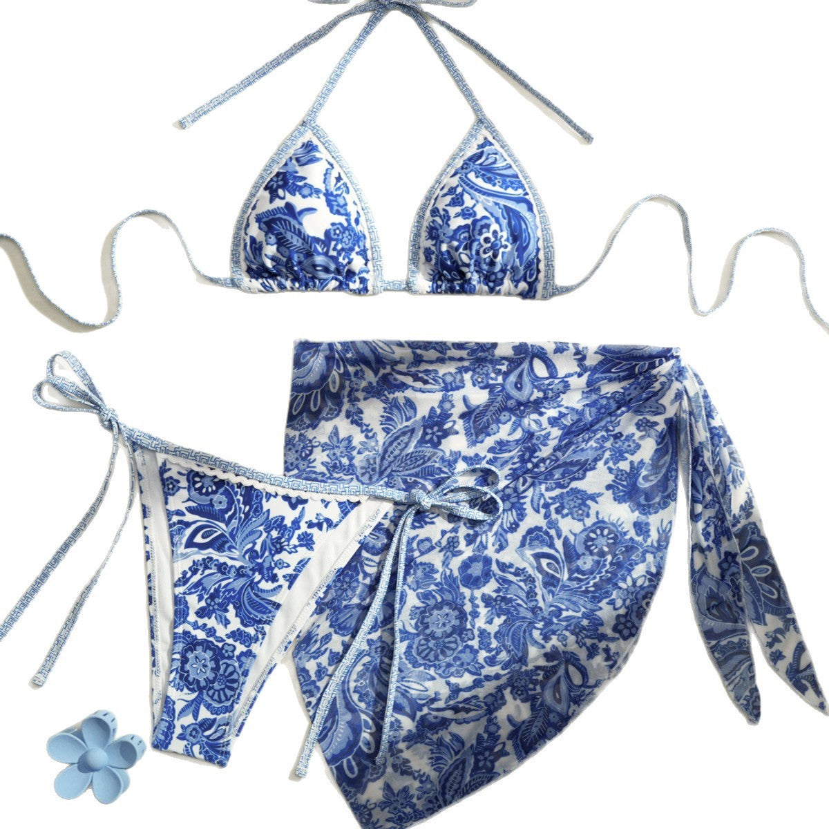 Apron Three Piece Bikini Vintage Print Tie Swimsuit