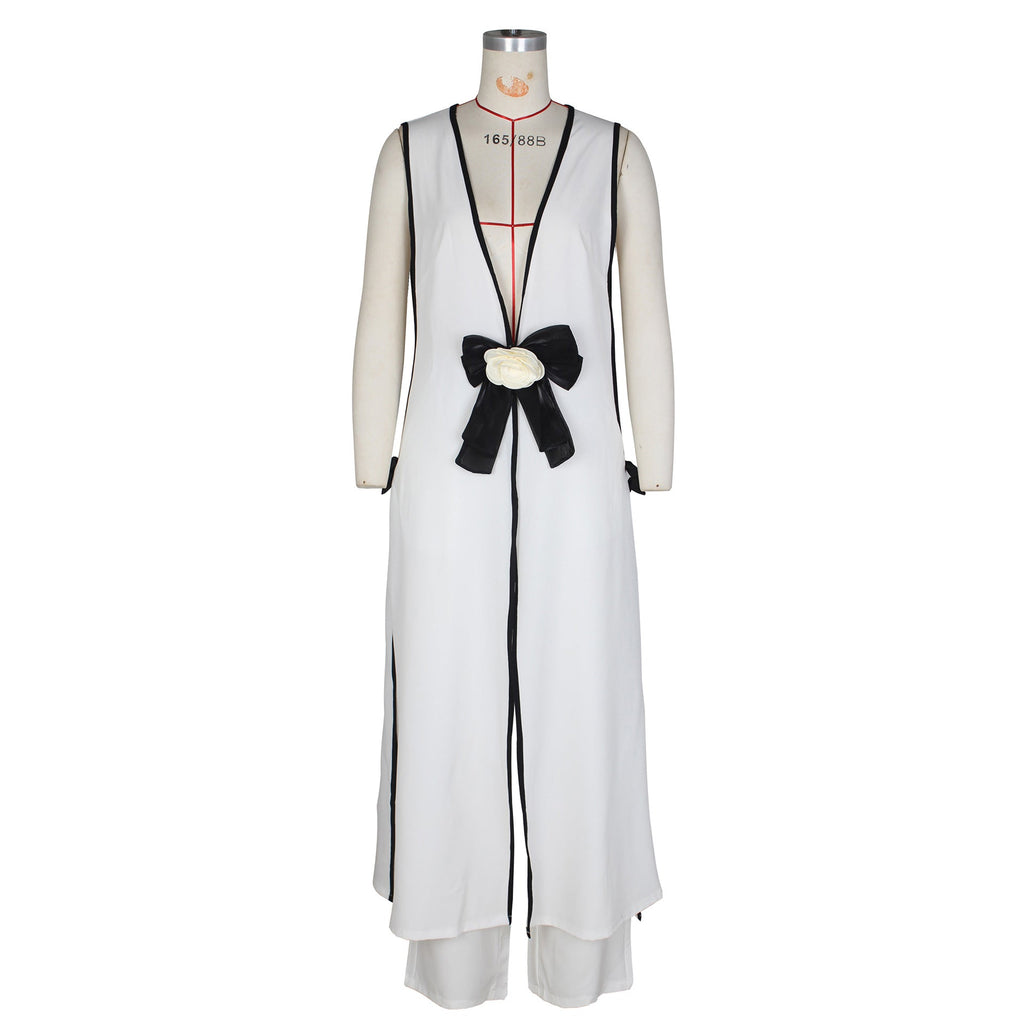 Camellia Couture Bow Sleeveless Long Vest Wide Leg Pants Set