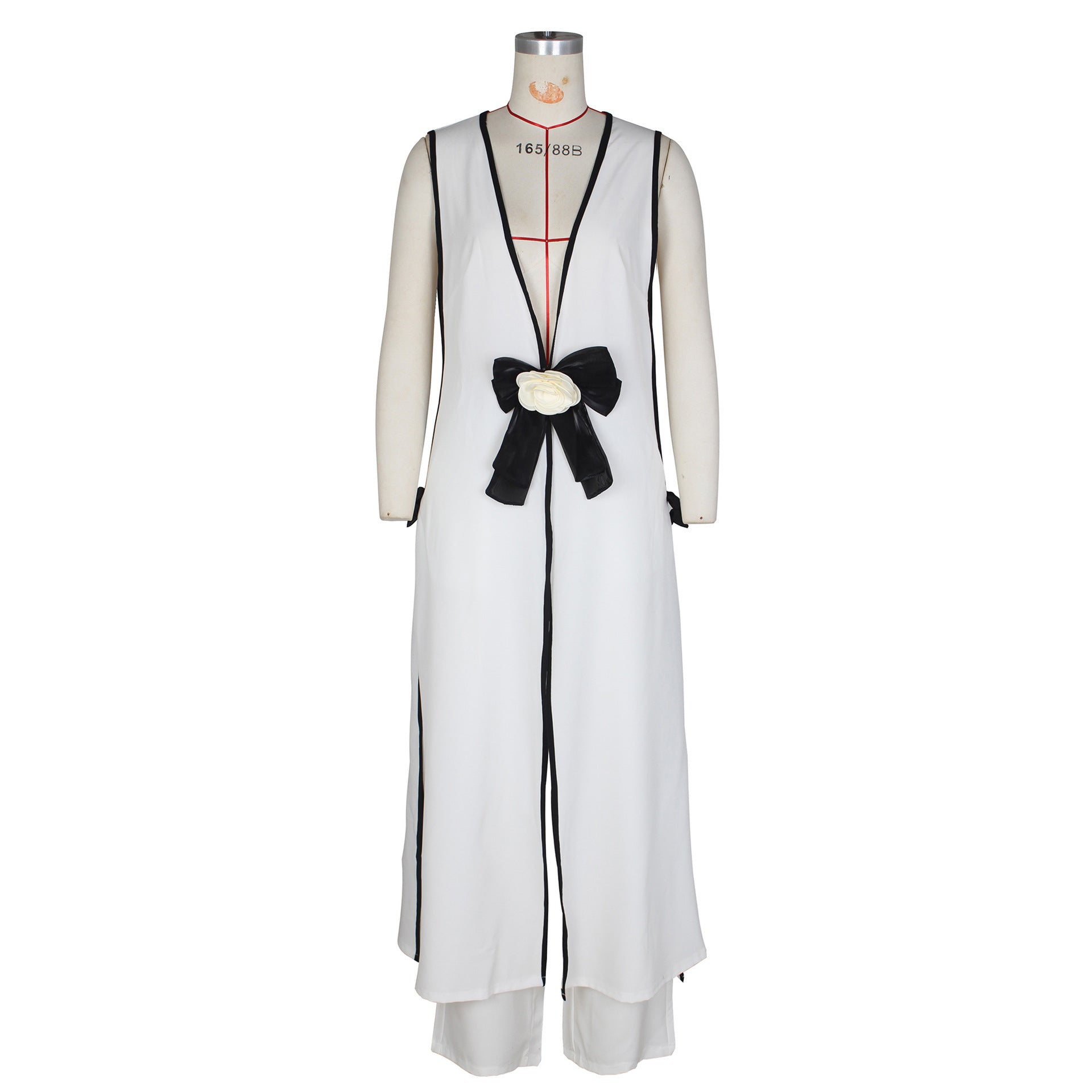 Camellia Couture Bow Sleeveless Long Vest Wide Leg Pants Set