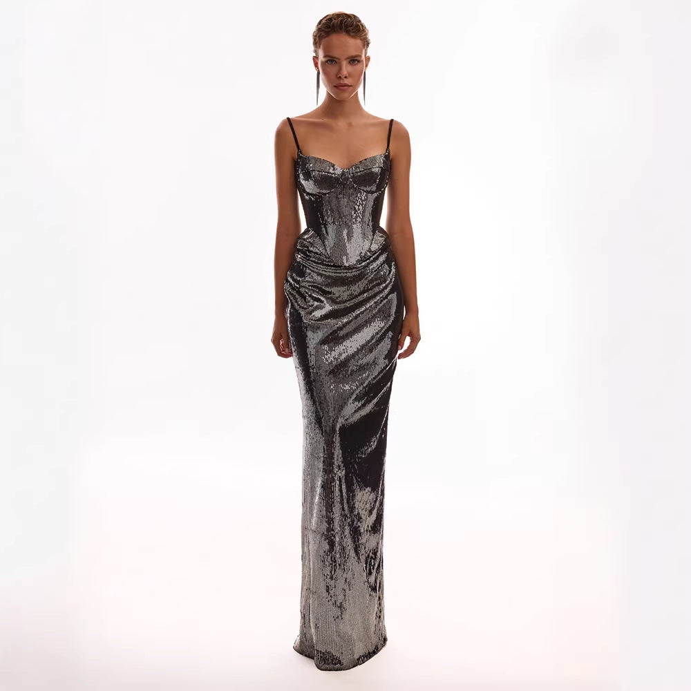 Formal Sequin Sling Backless Dress