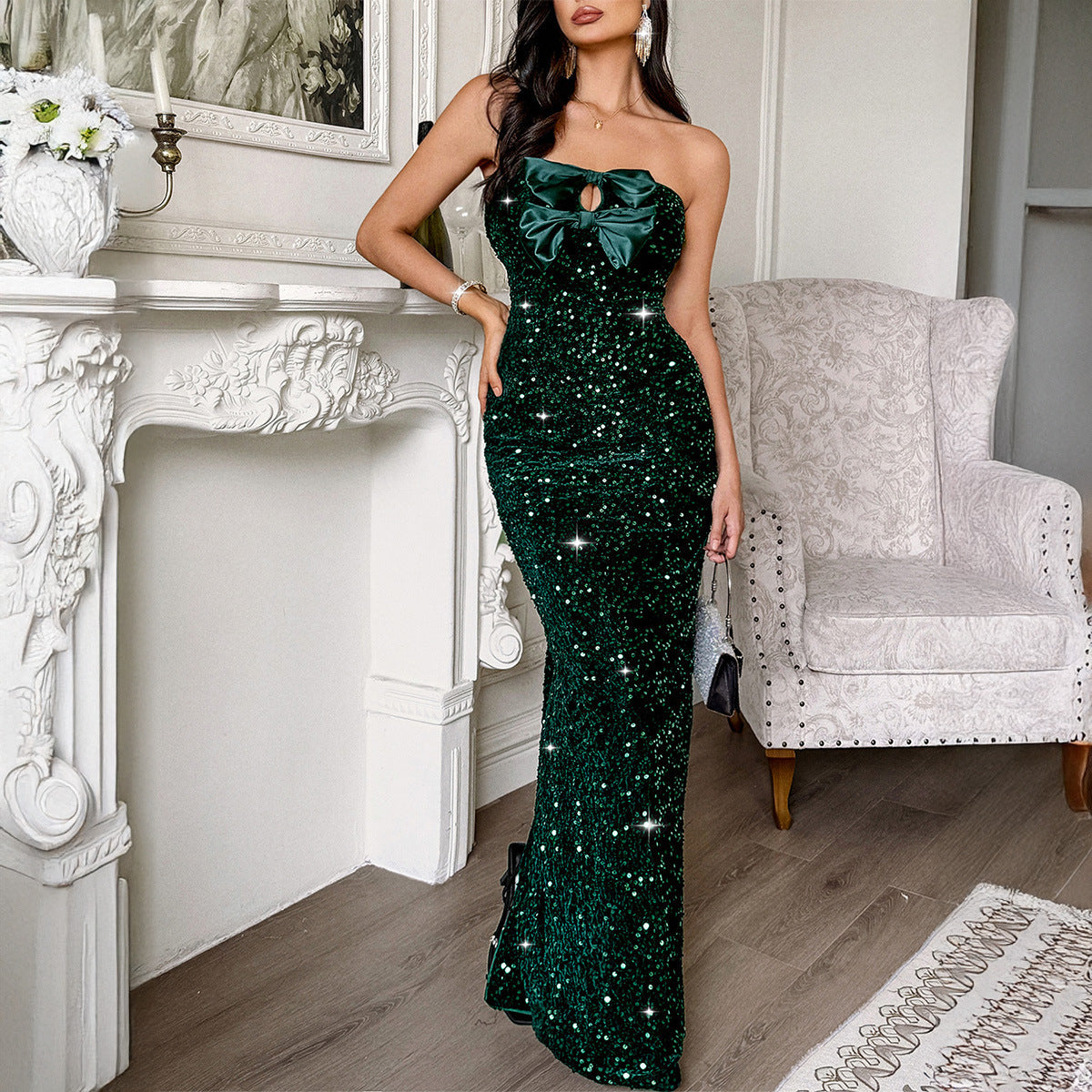 Formal Sequin Bow Tube Dress