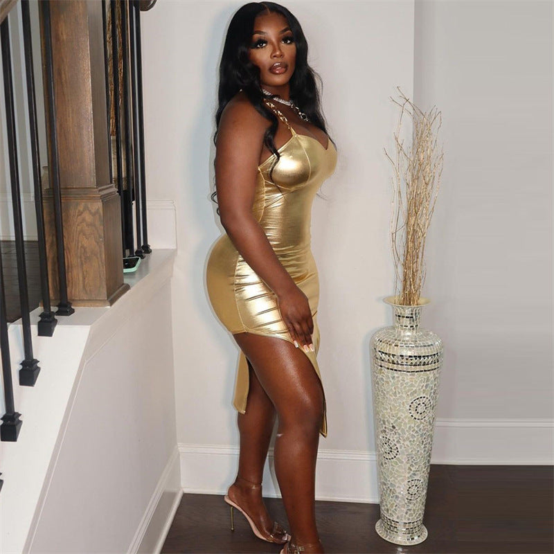 Formal Sexy Gold Asymmetric Spaghetti Strap Dress