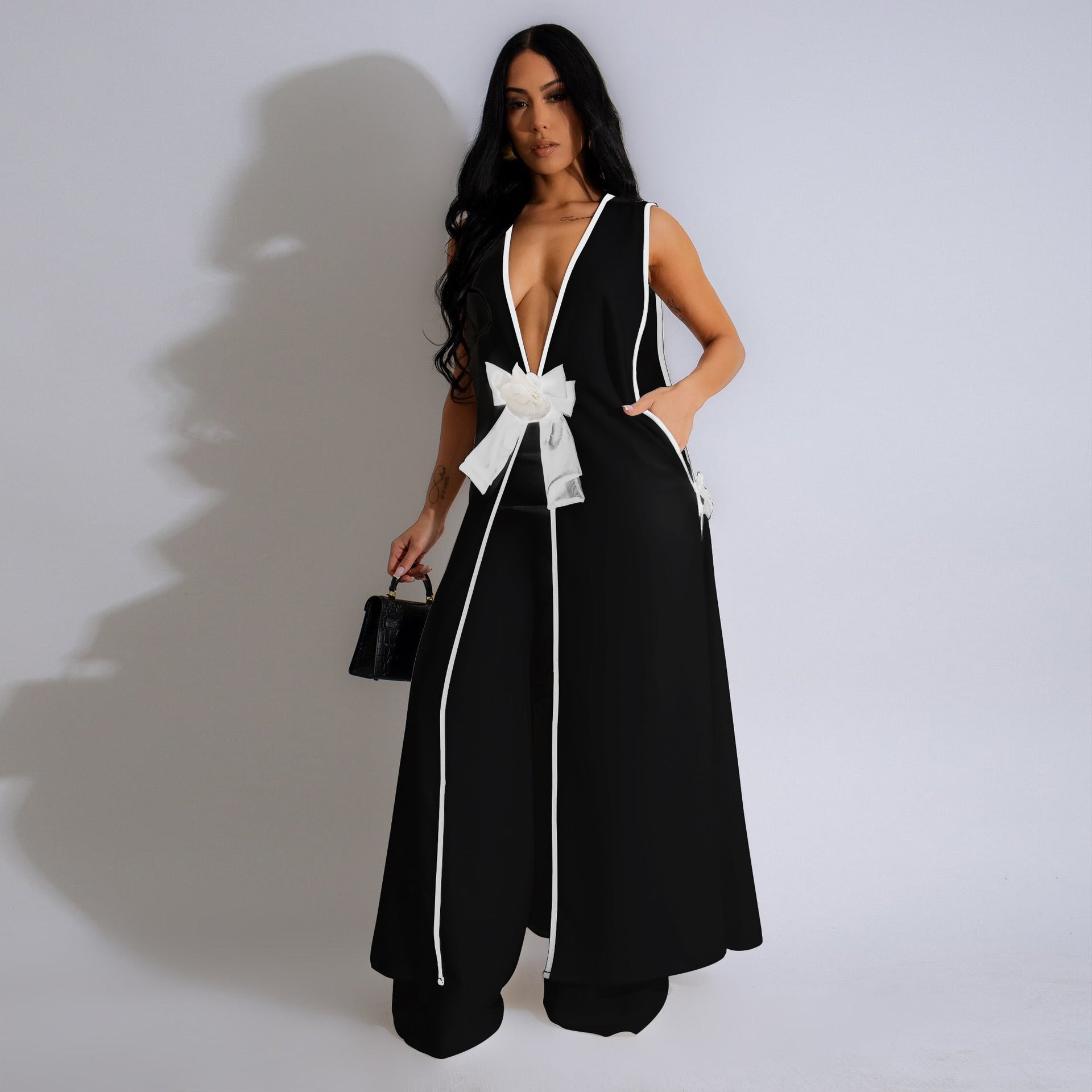 Camellia Couture Bow Sleeveless Long Vest Wide Leg Pants Set