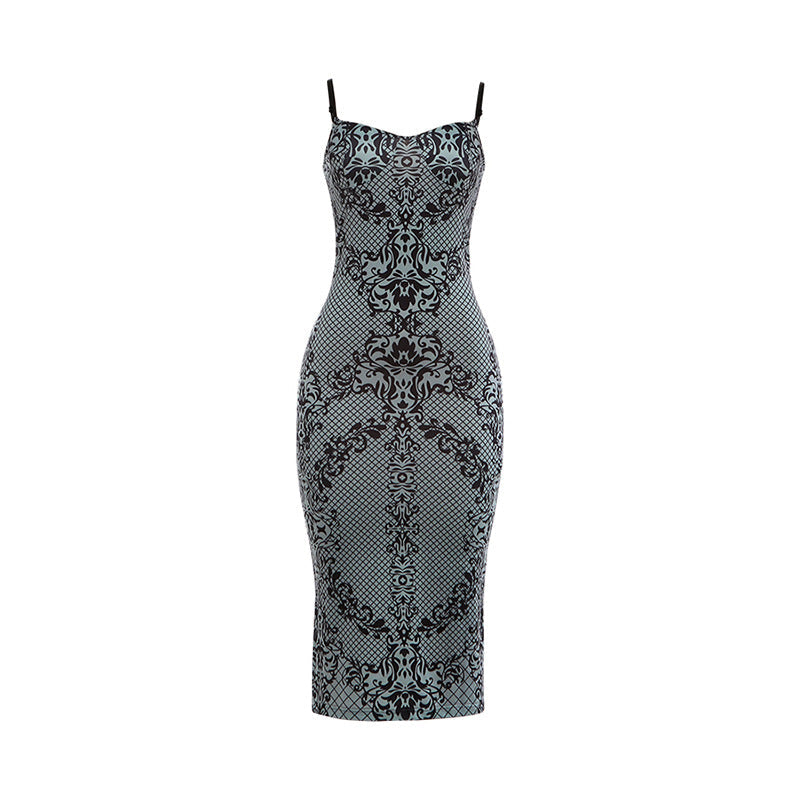 Elegant Mesh Sexy Low Cut Slit Slim Fit Print Dress