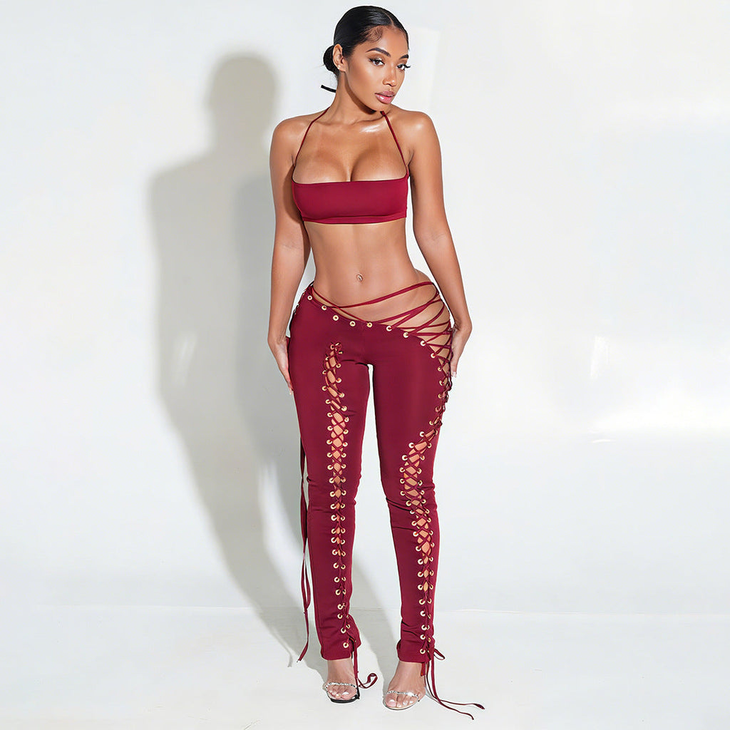 Sexy Lace Up Trousers Two Piece Set