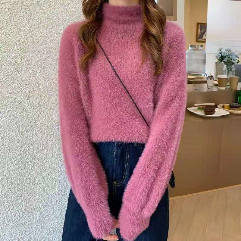 High-Neck Faux Fur Knit Sweater