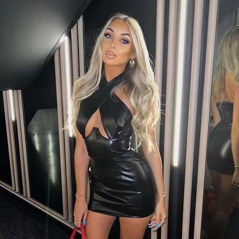 Leather Sexy Halter Sheath Sleeveless Dress