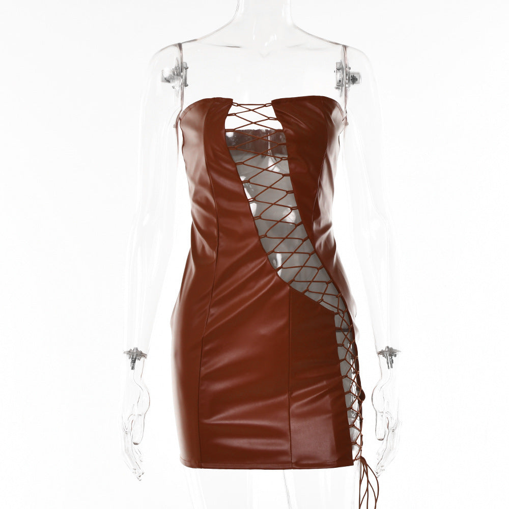 Leather Sexy Tube Top Lace Up Dress