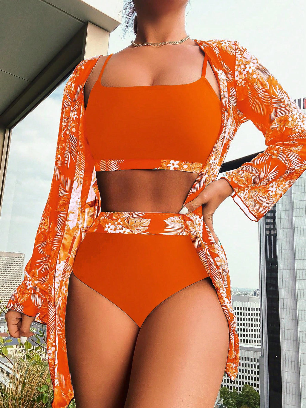 Maple Leaf Print 3PC Long Sleeve Bikini