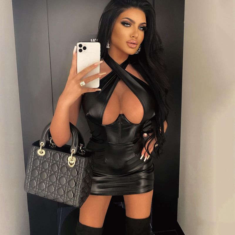 Leather  Halter Sexy Topless Slimming Sheath Sleeveless Dress