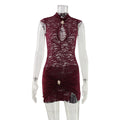 Sexy Women Clothing Mandarin Collar Chest Cutout Lace Stitching Pinch Pleated Tight Waist Sheath Dress Women