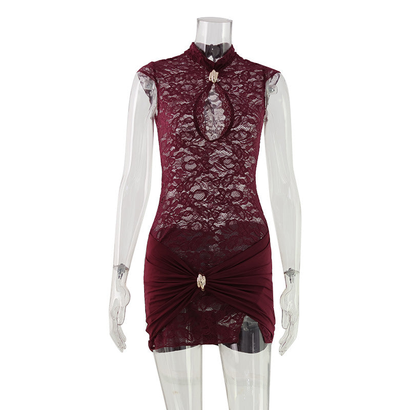 Sexy Women Clothing Mandarin Collar Chest Cutout Lace Stitching Pinch Pleated Tight Waist Sheath Dress Women
