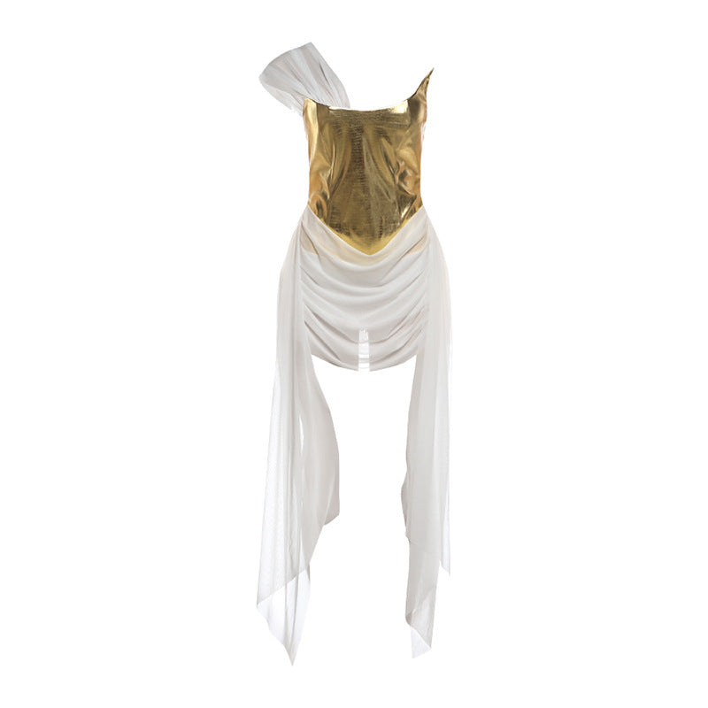 Cocktail Golden Bright Surface Mesh Stitching Ribbon Dress