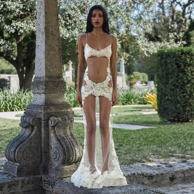Formal Mesh Lace Spaghetti Strap Dress