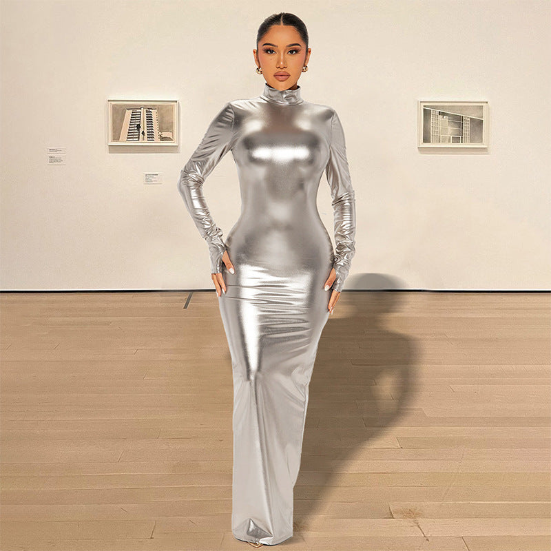 Formal Metallic Sexy Backless Slimming Coated Fabric Dress