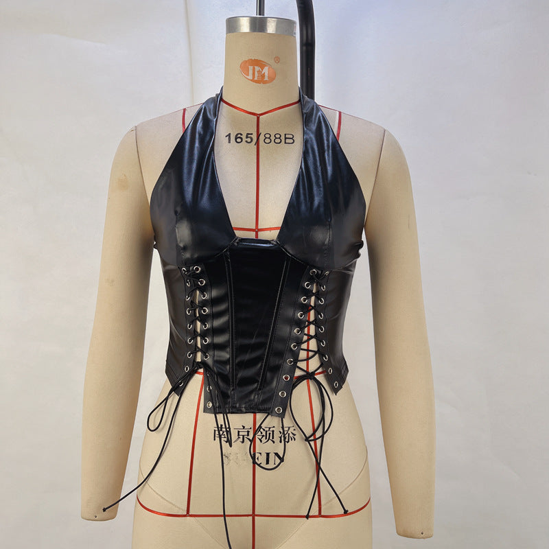 Faux Leather Halter Lace up