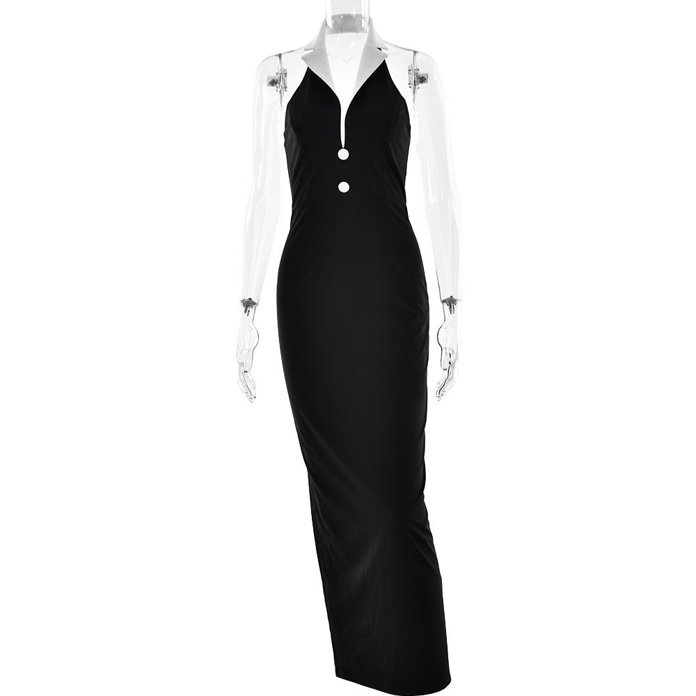 Collared Dress Sexy Backless Slit Slimming Dress
