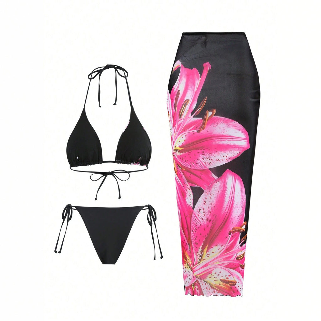 Bikini Cover Up Sexy Lily Printed Swimsuit Three Piece Set