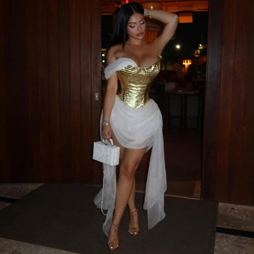 Cocktail Golden Bright Surface Mesh Stitching Ribbon Dress