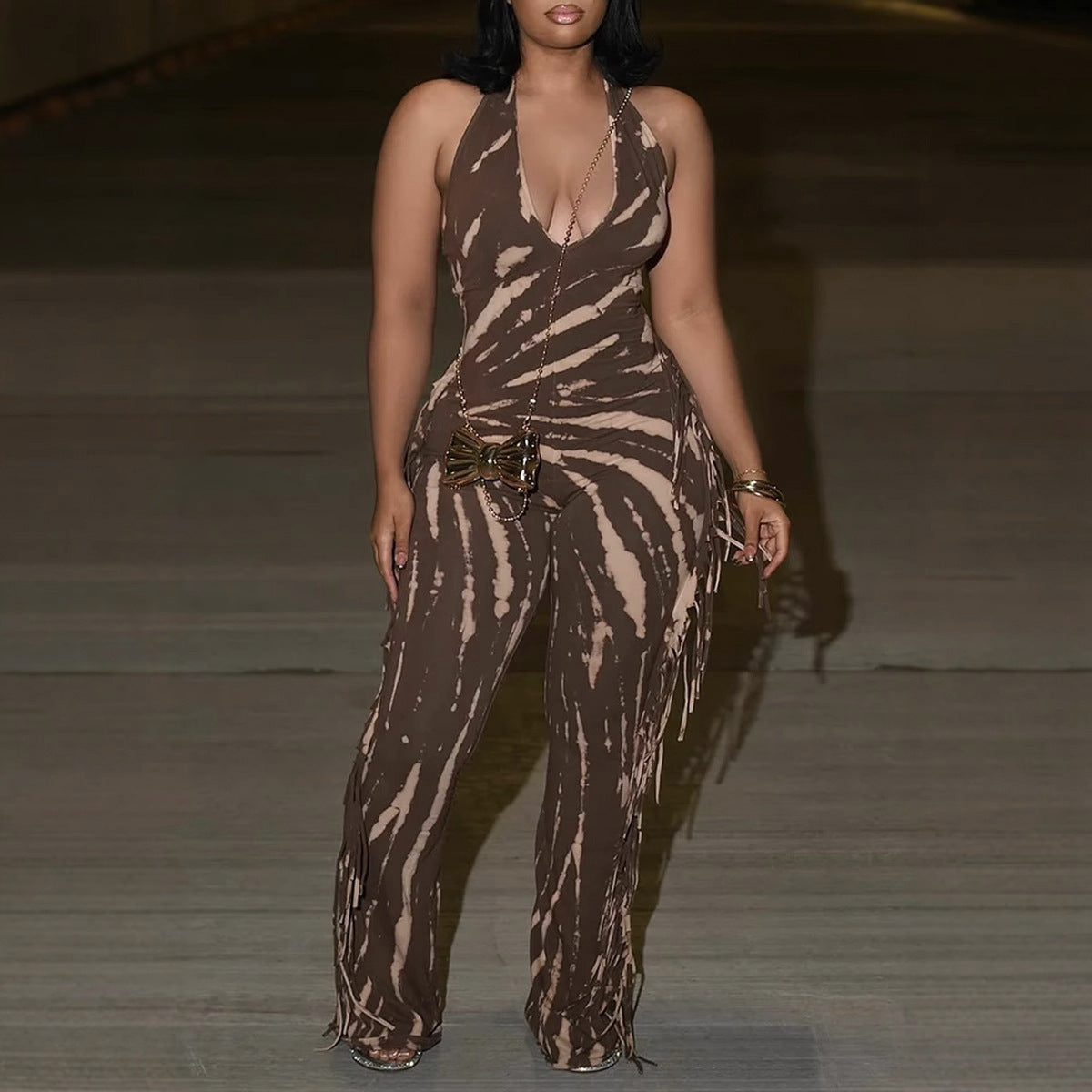 Elegant Backless Tassel Printed Halter Strap Jumpsuit