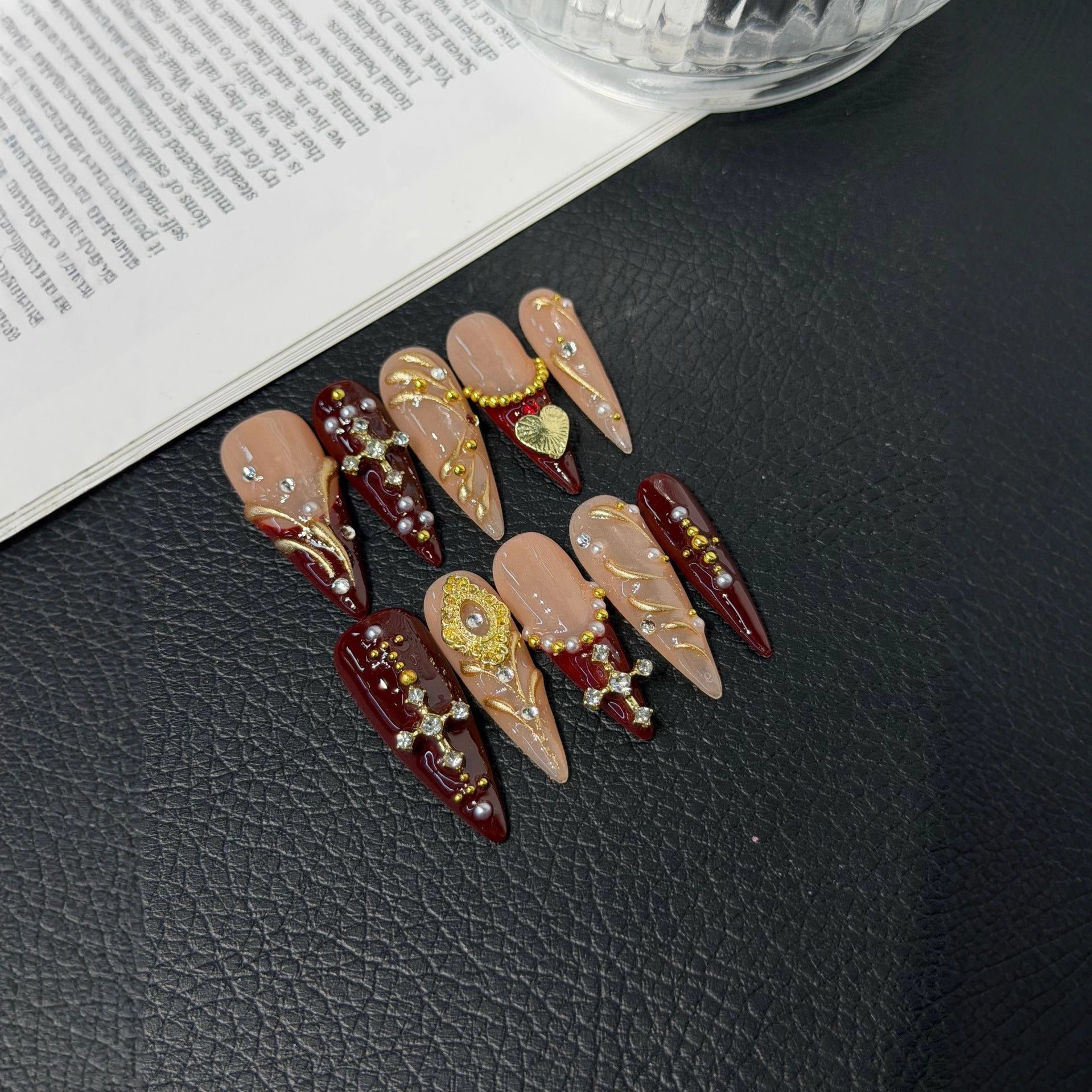 Vintage Religious Press on Nails Naked Pink Burgundy Contrast Color Long Pointed Carving Hand Painted Luxury