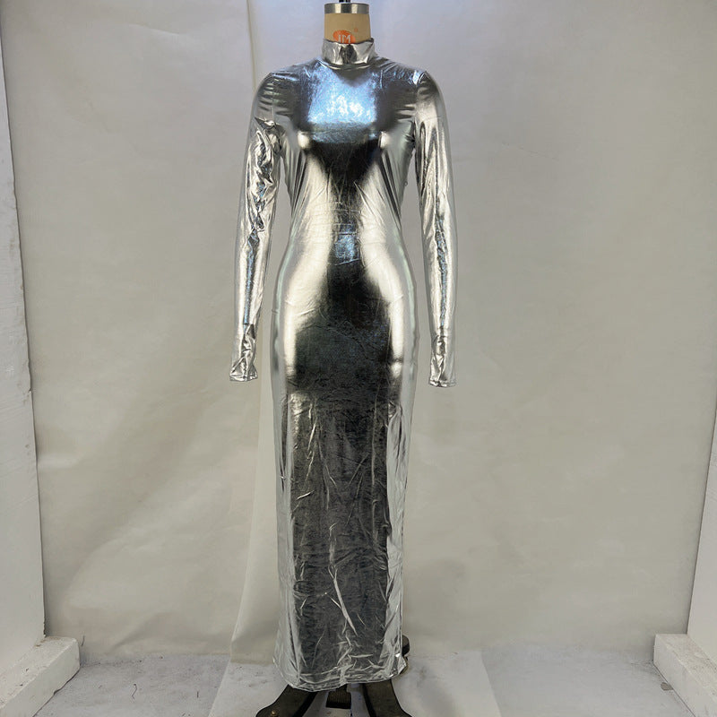 Formal Metallic Sexy Backless Slimming Coated Fabric Dress