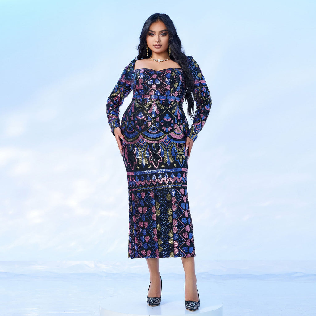 Formal High End Sequin Long Sleeve Square Collar Dress