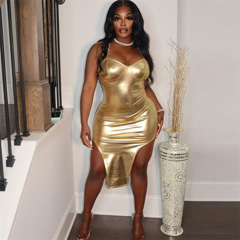 Formal Sexy Gold Asymmetric Spaghetti Strap Dress