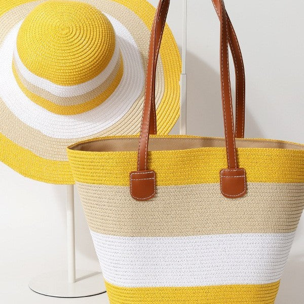Striped Woven Straw Beachy Set