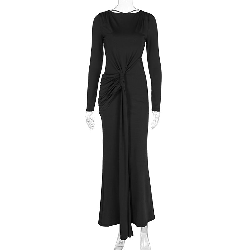Formal Black Backless Ribbon Pleated Dress