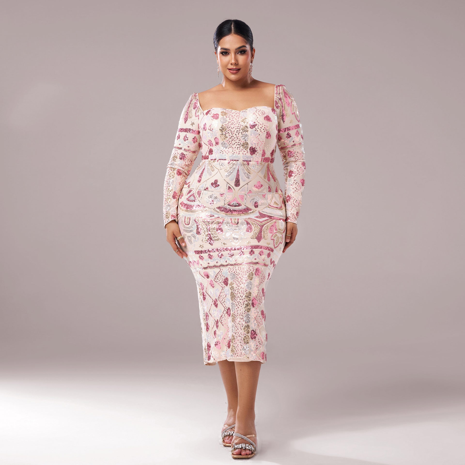 Formal High End Sequin Long Sleeve Square Collar Dress