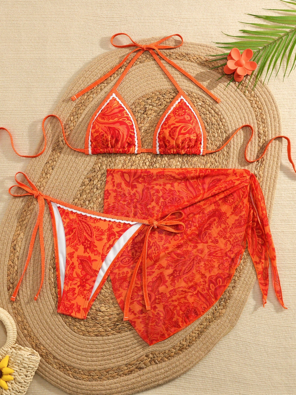 Apron Three Piece Bikini Vintage Print Tie Swimsuit