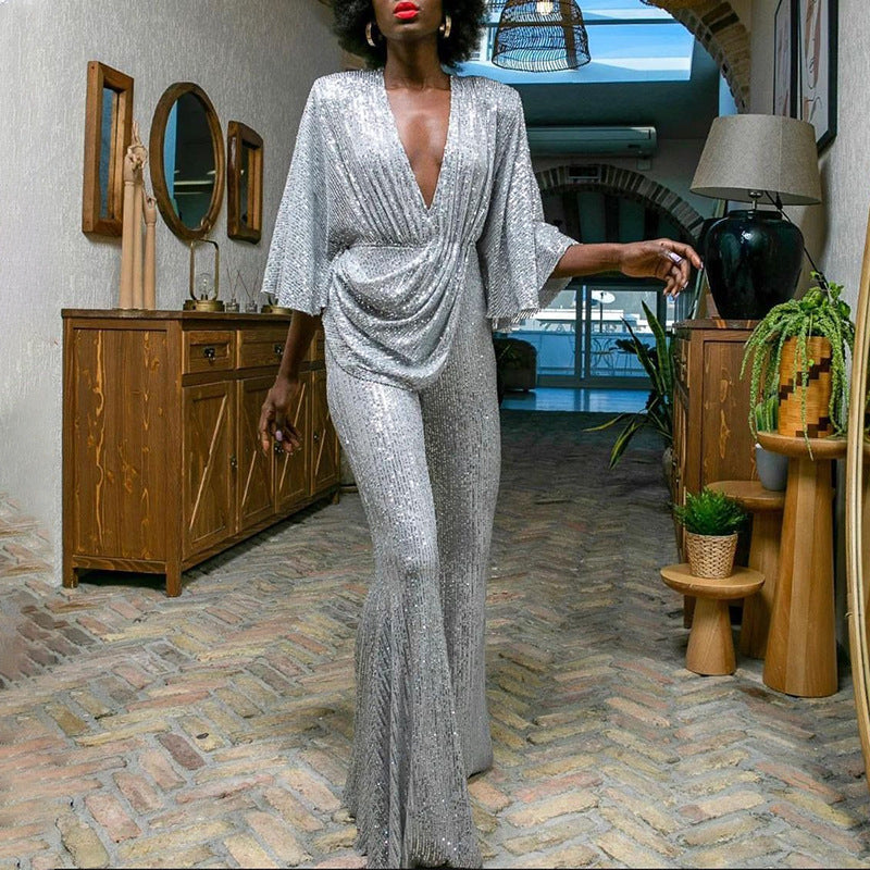 Deep V Sexy Sequin Backless Jumpsuit