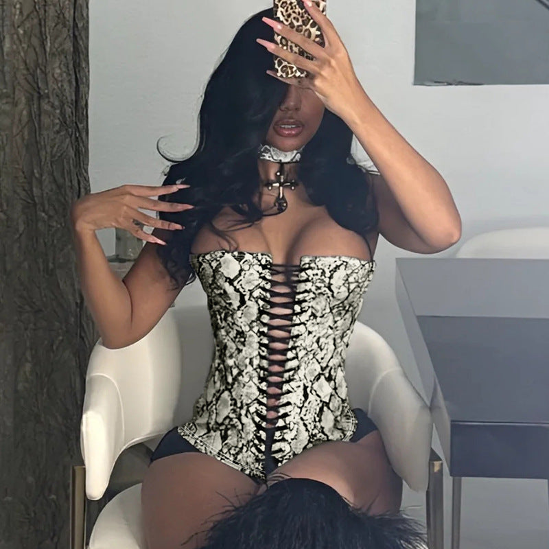 Carrie Leather Animal Print Waist Shaping Lace up Tube Top