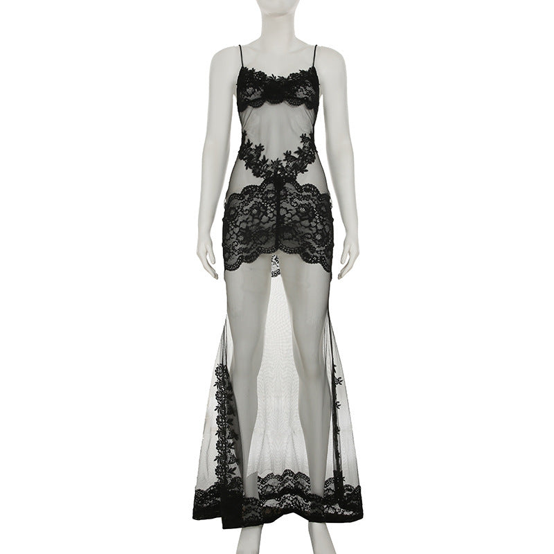 Formal Mesh Lace Spaghetti Strap Dress