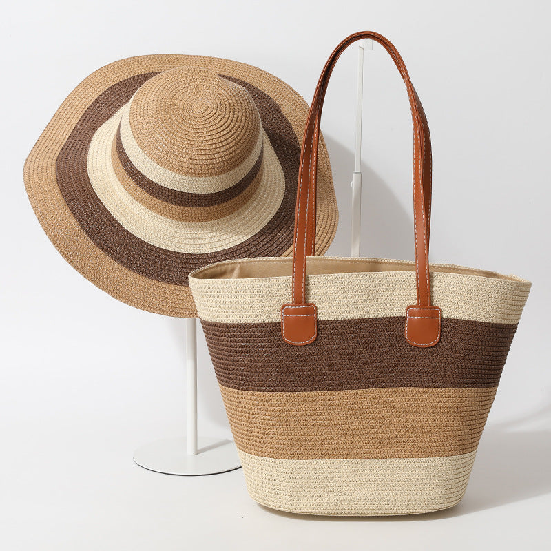 Striped Woven Straw Beachy Set