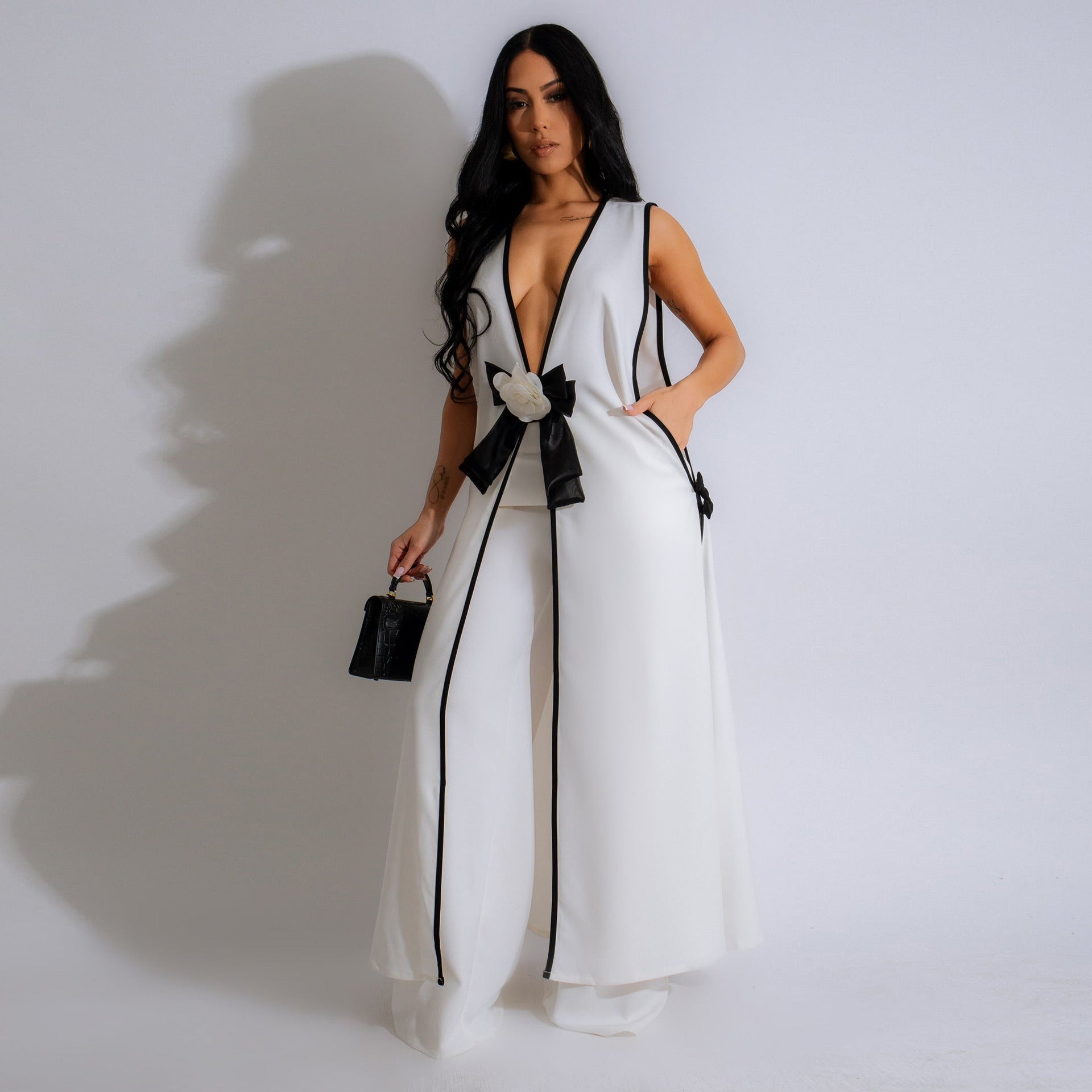 Camellia Couture Bow Sleeveless Long Vest Wide Leg Pants Set