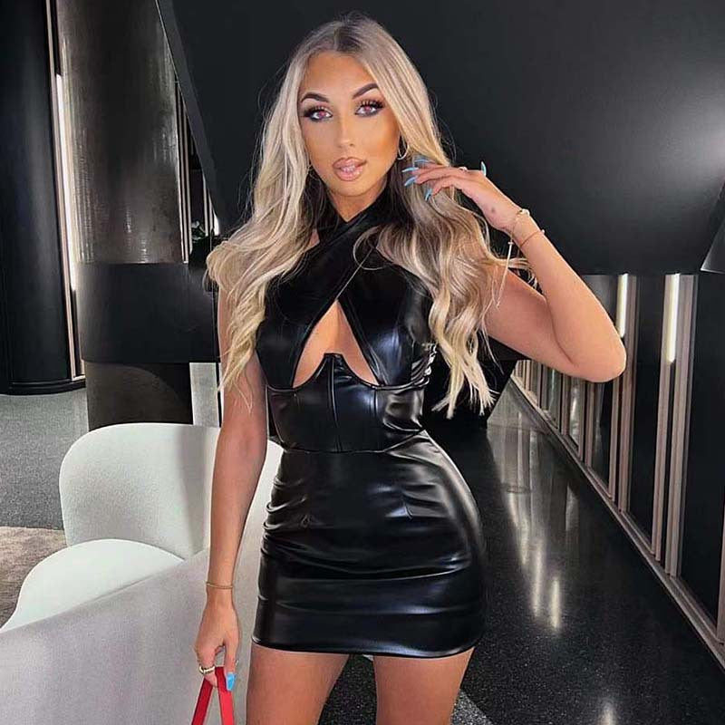 Leather Sexy Halter Sheath Sleeveless Dress