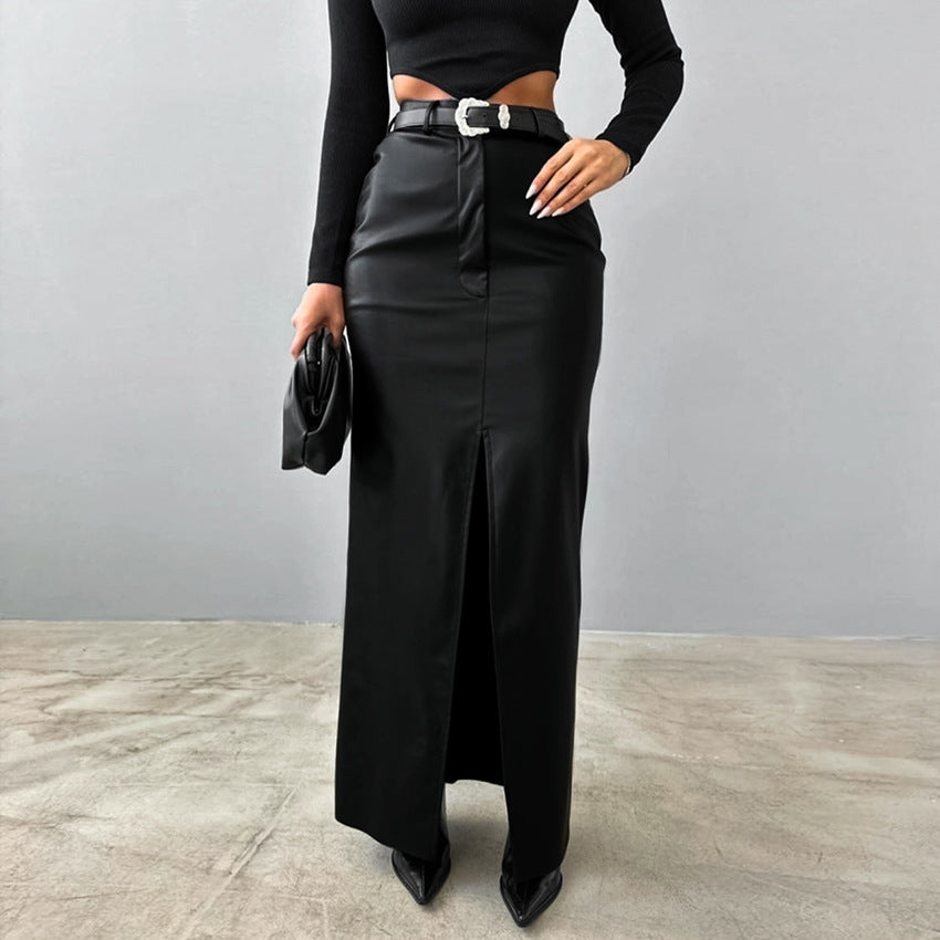 Elegant Fleece Lined Matte Leather High Waist Skirt No Belt