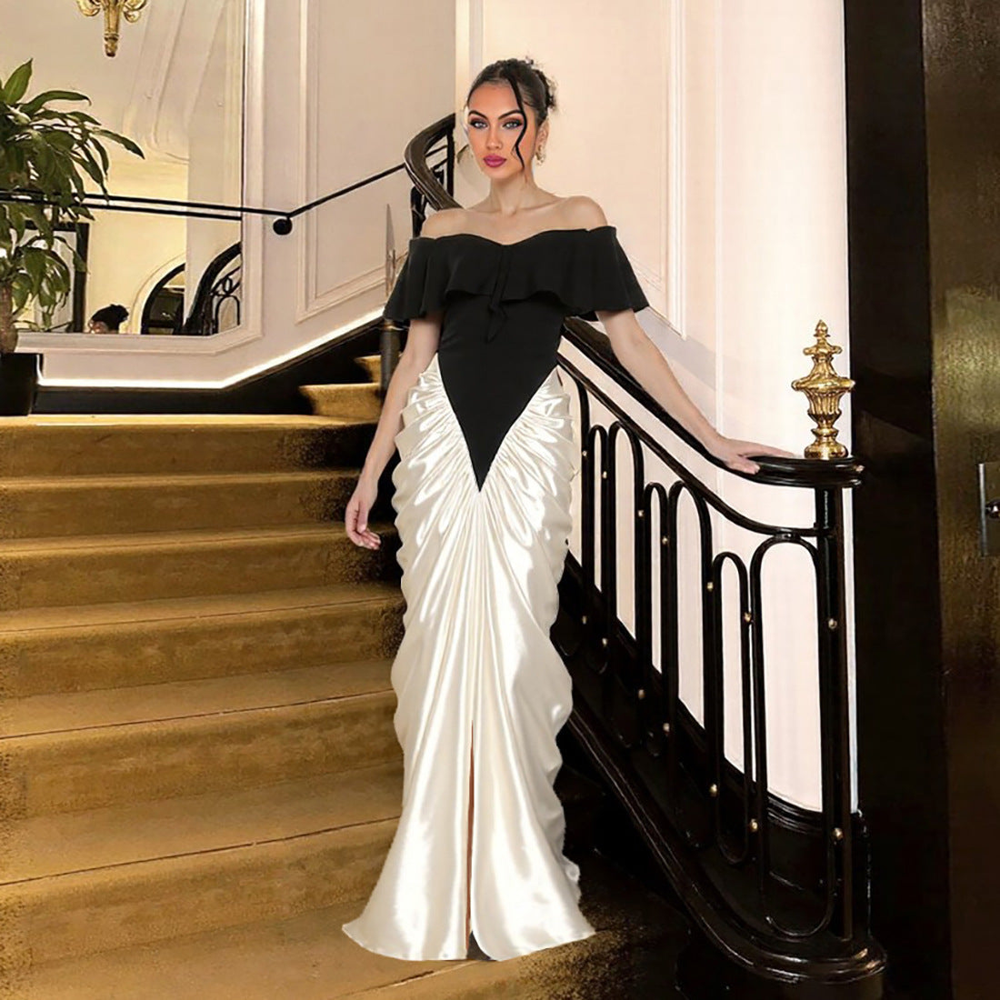 Formal Black and White Strapless Contrasting Dress