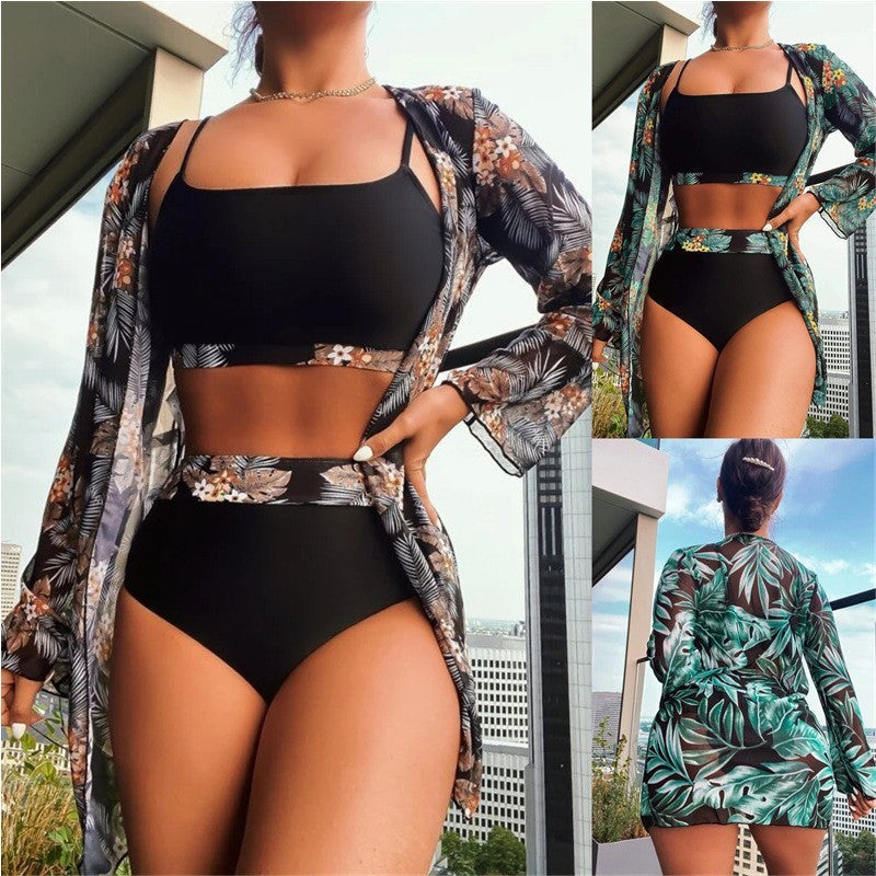 Maple Leaf Print 3PC Long Sleeve Bikini