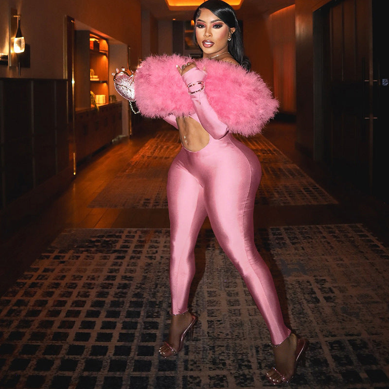 Furry Cropped Long Sleeve Jumpsuit