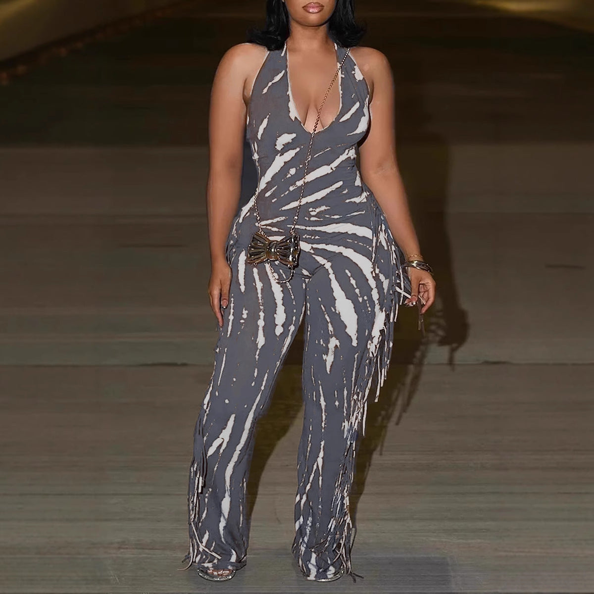 Elegant Backless Tassel Printed Halter Strap Jumpsuit