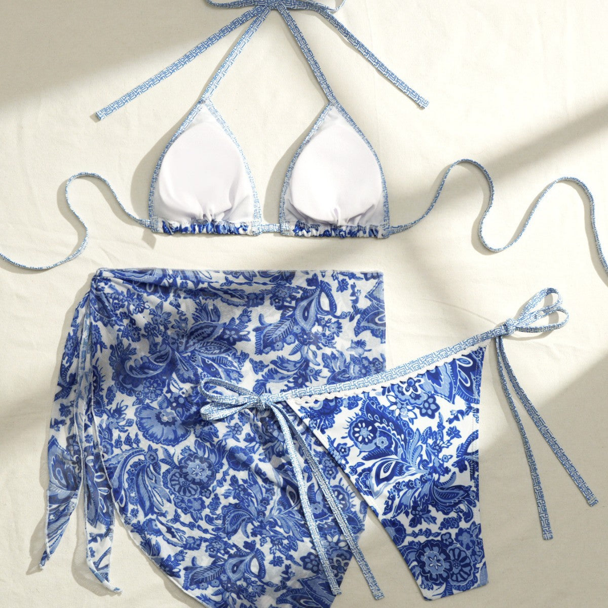 Apron Three Piece Bikini Vintage Print Tie Swimsuit