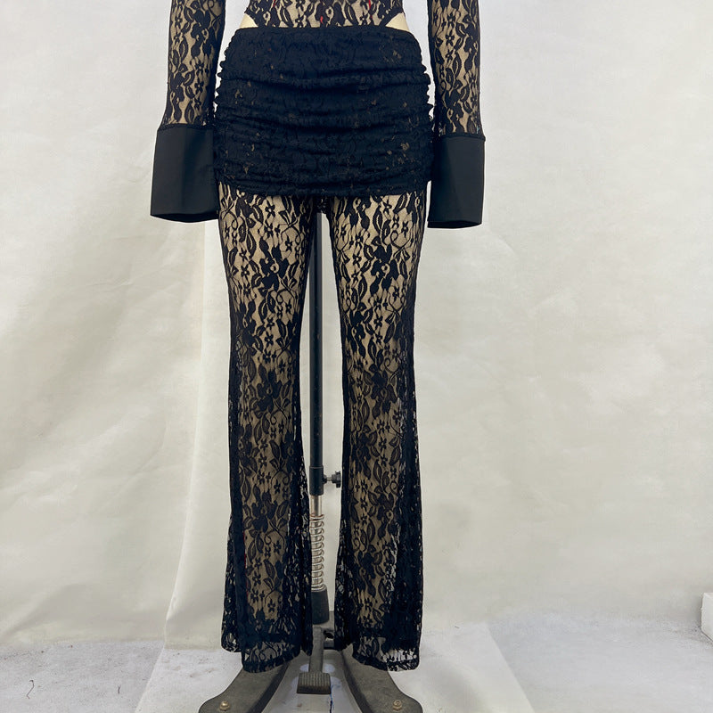 Sexy Lace High Waist Flared Pants Women Set