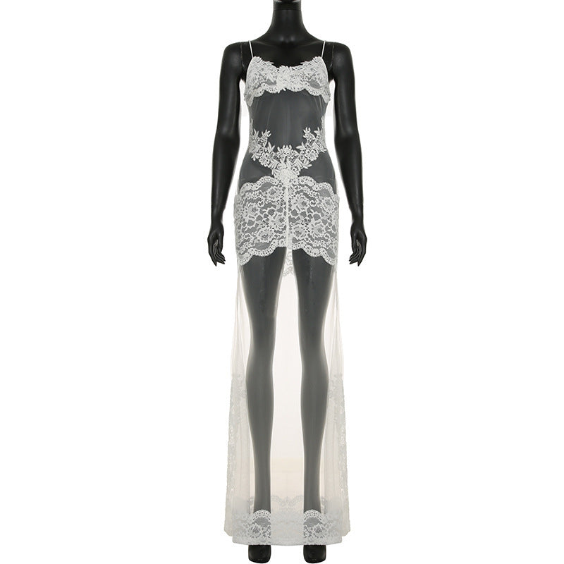 Formal Mesh Lace Spaghetti Strap Dress