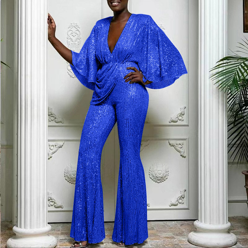 Deep V Sexy Sequin Backless Jumpsuit