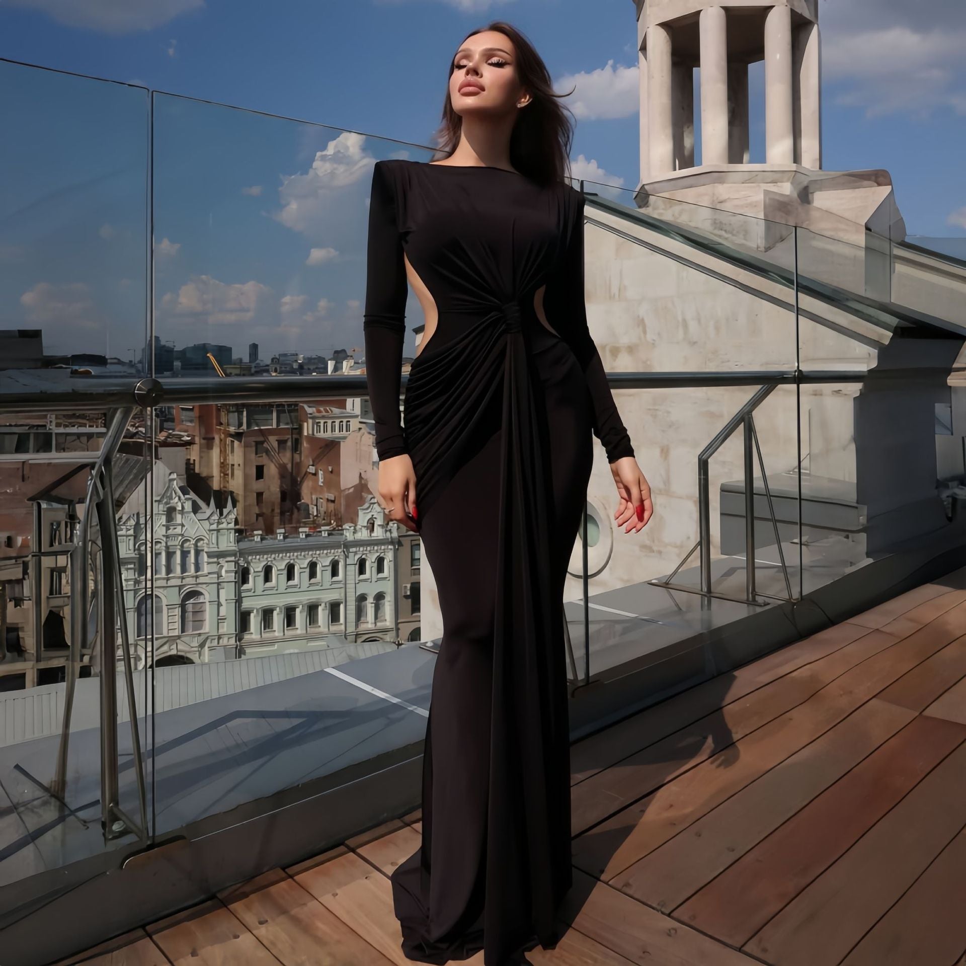 Formal Black Backless Ribbon Pleated Dress