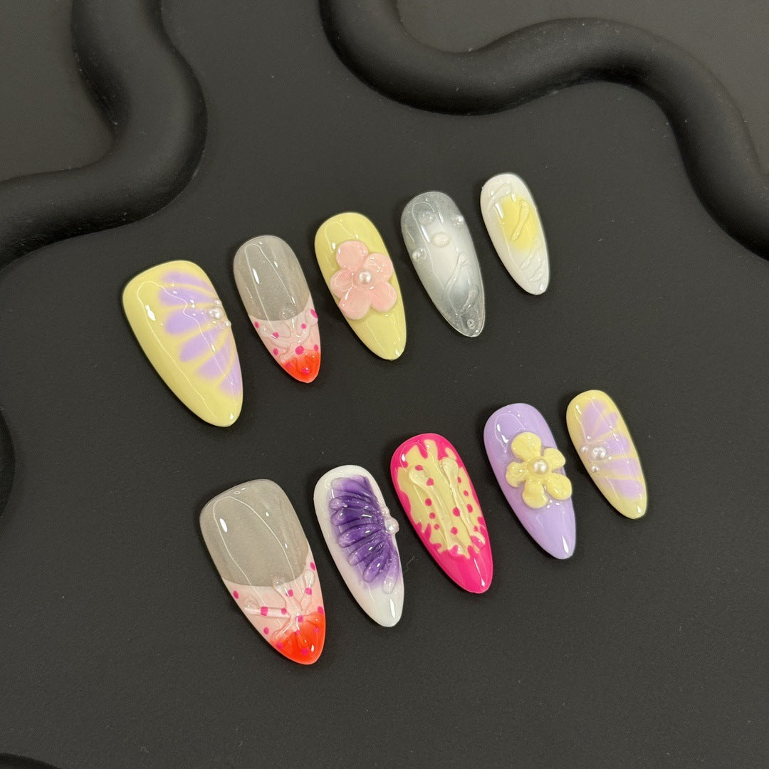 Pinch Flower Shaping Press on Nails Almond Nails Summer Handcrafted Premium Summer Beauty Butterfly